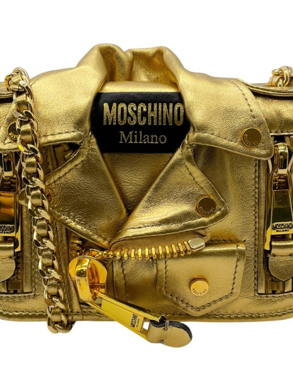 Moschino Gold Leather Biker Jacket Shoulder Bag